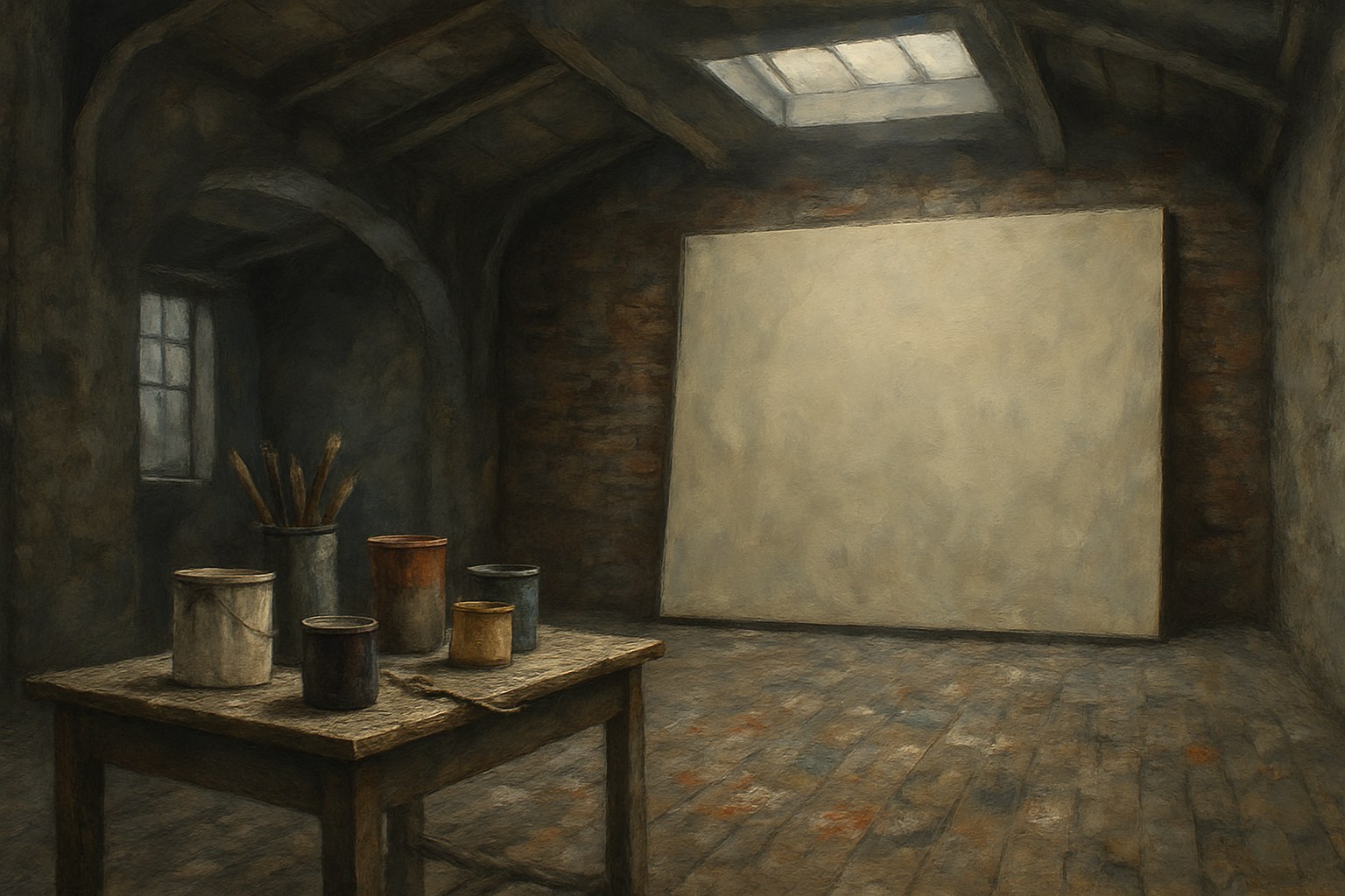 A loft studio with a huge blank canvas, paint cans, and a spattered floor
