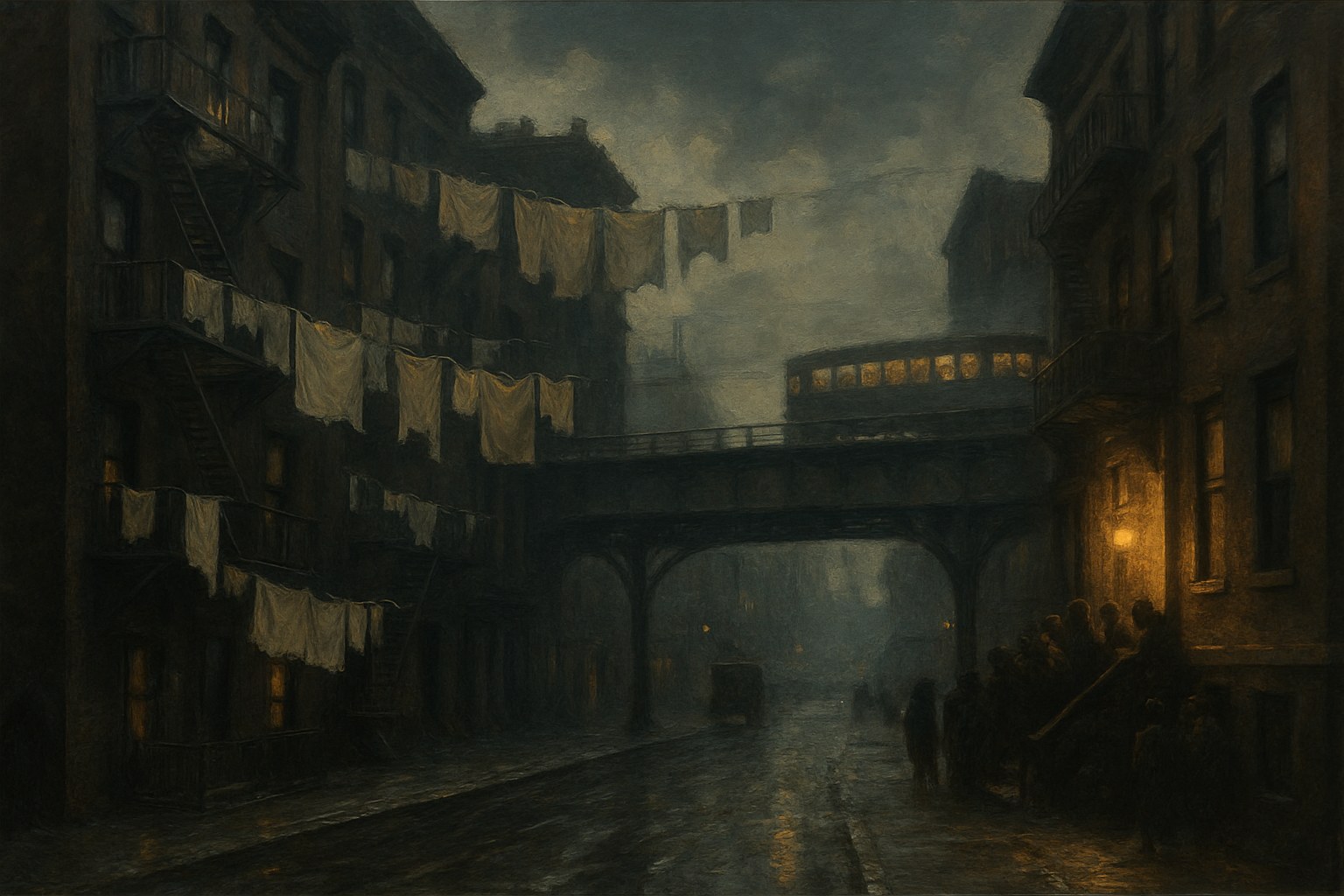 A tenement block at dusk with fire escapes, laundry lines, and an elevated train