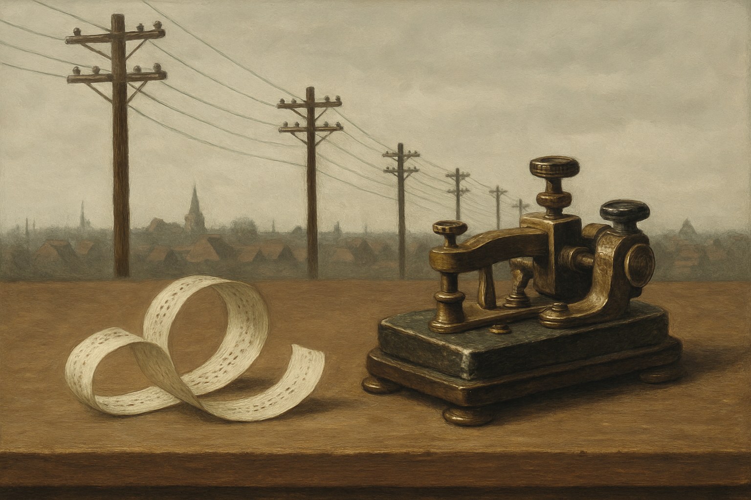 A telegraph key and wire lines running to distant towns, the Associated Press