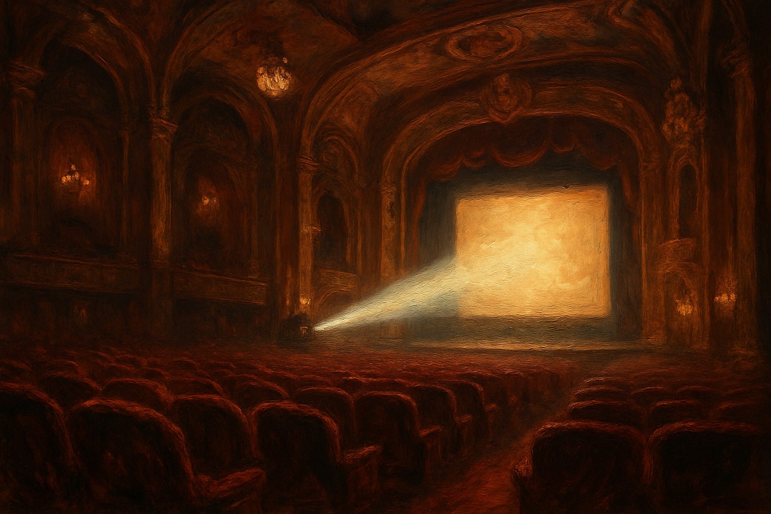 Illustration evoking a 1915 silent-film premiere and early motion-picture projection