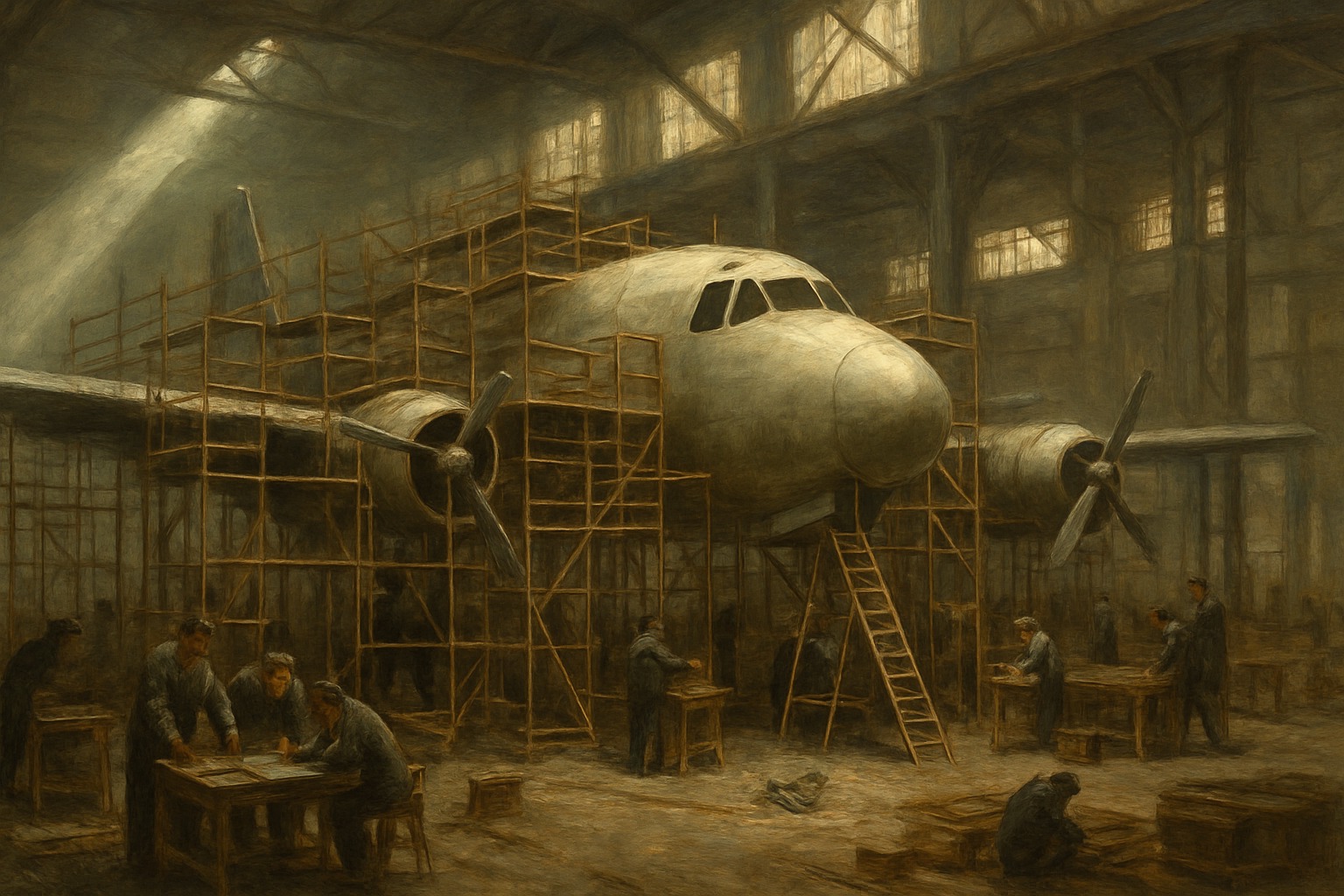 A Boeing aircraft under construction in a vast assembly hangar