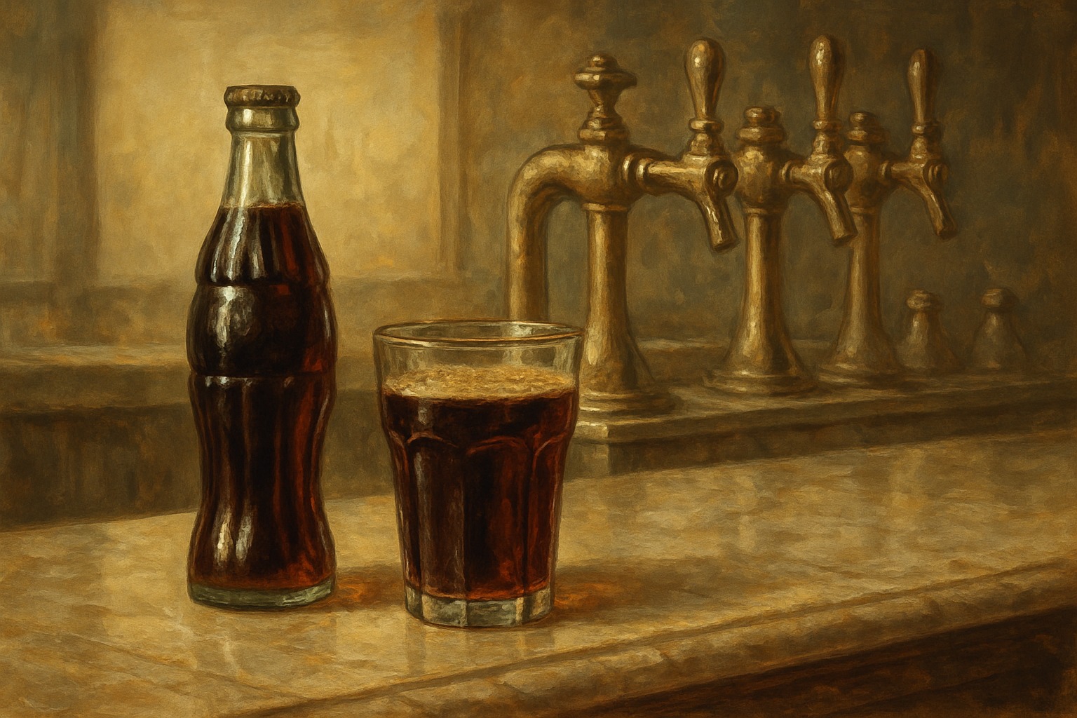 A classic American soda fountain and contour bottle, Coca-Cola
