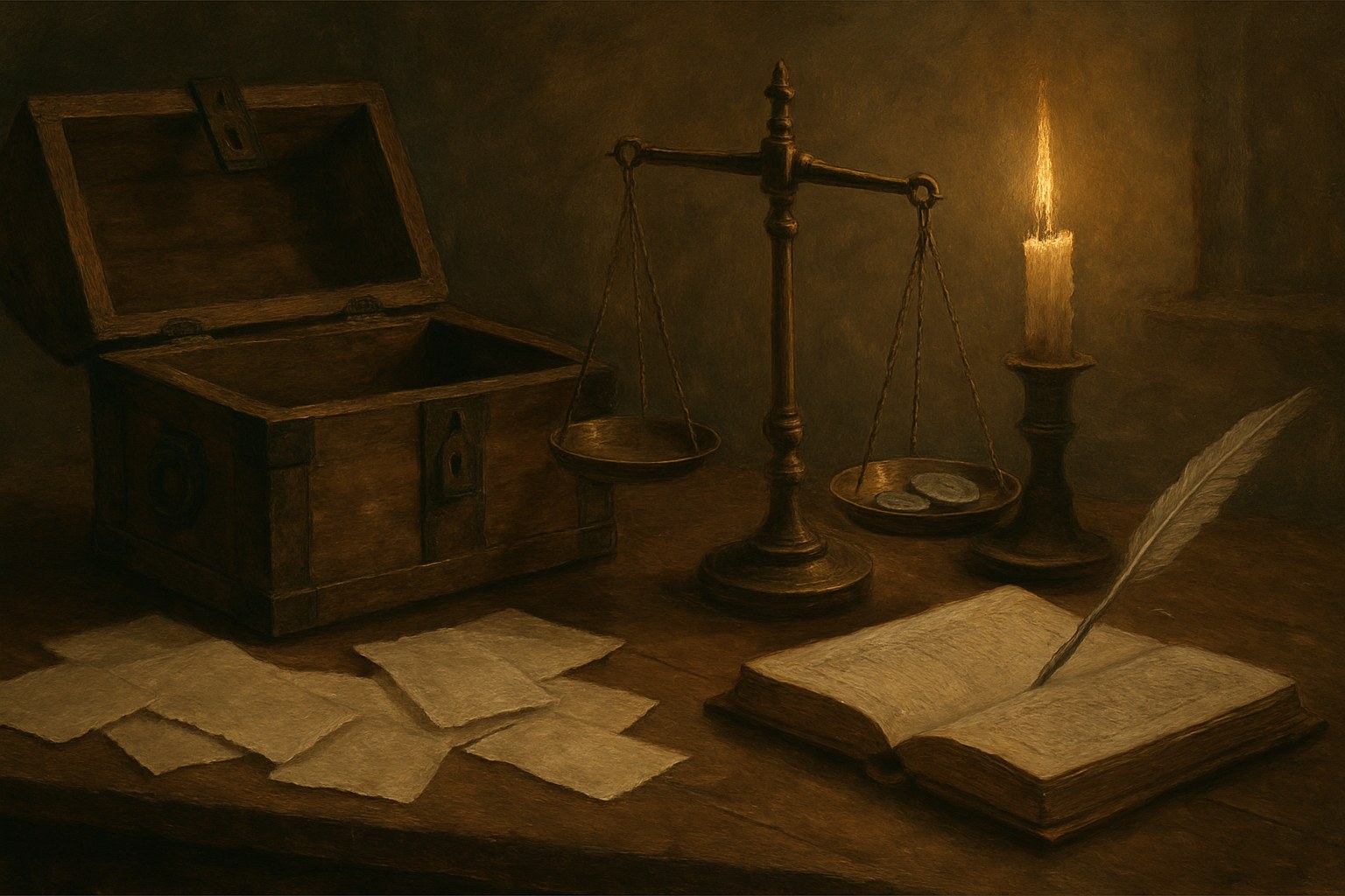 An empty strongbox, blank paper notes, and a coin balance on a colonial merchant's desk, the Currency Act of 1764