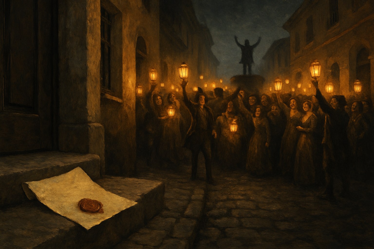 Celebrating crowds in a colonial street and an unread sealed parchment on a doorstep, the Declaratory Act of 1766