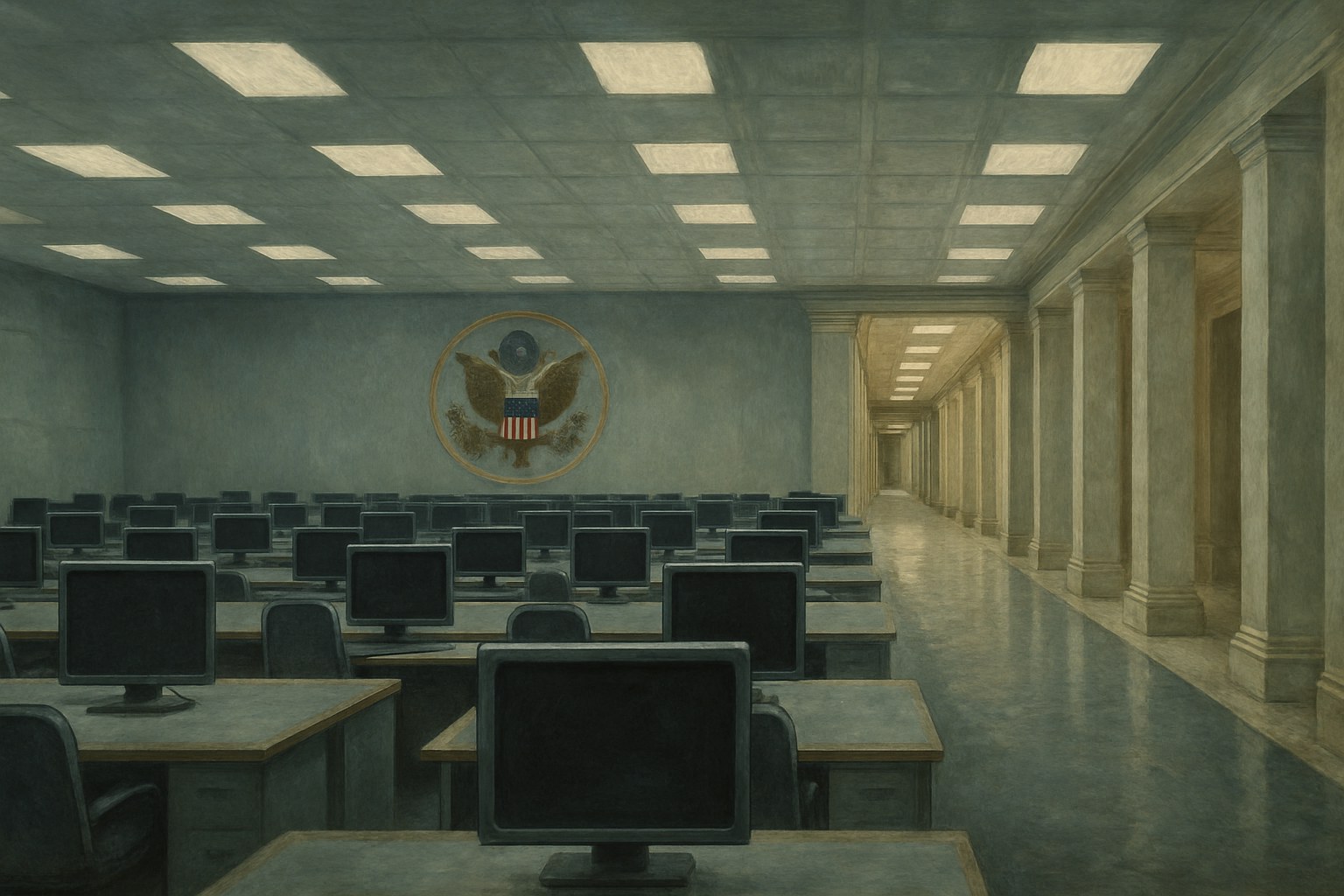 An empty federal operations center and marble corridor, the Department of Homeland Security