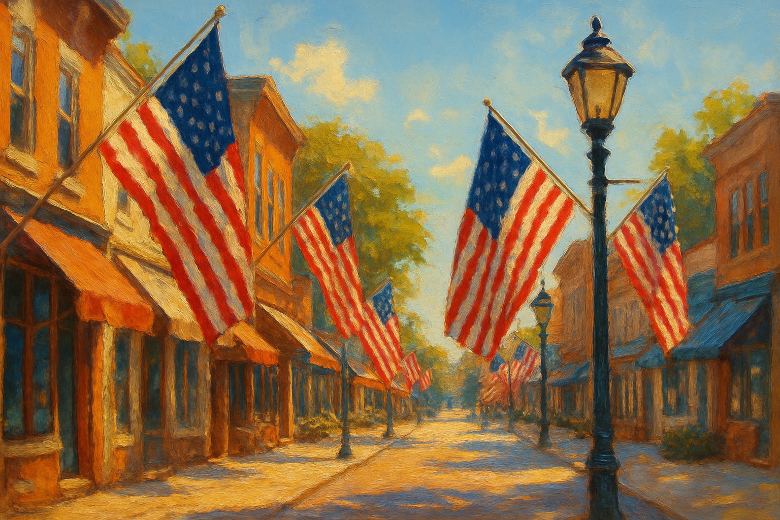 Illustration evoking Flag Day on an American main street