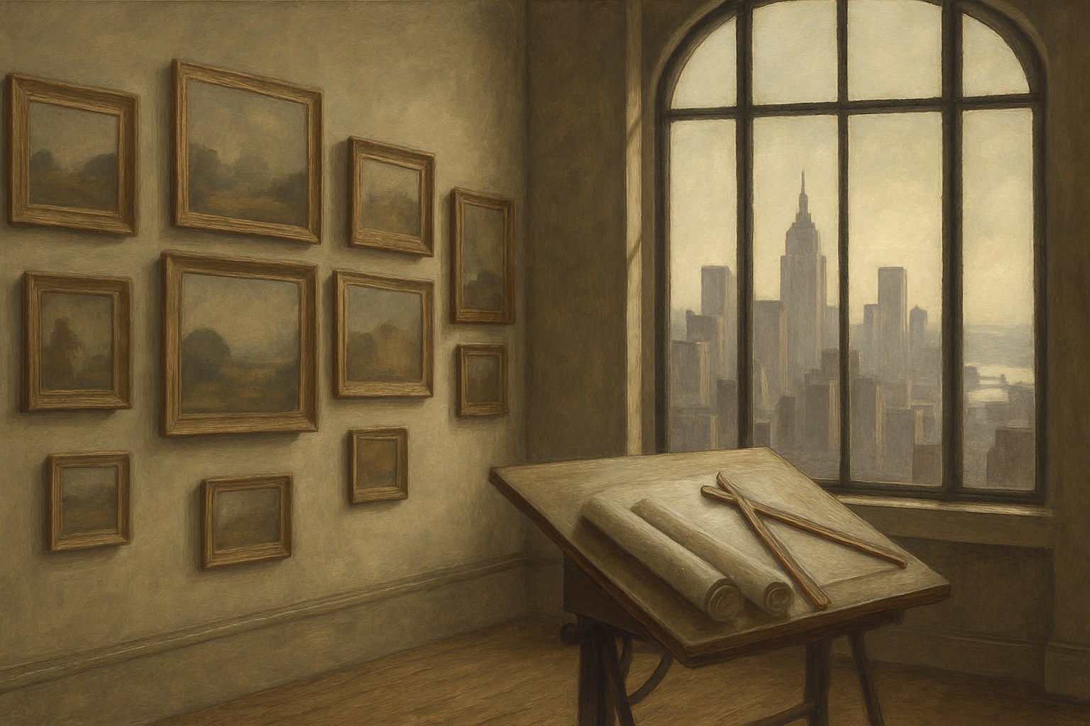 A gallery wall of indistinct framed canvases beside a drafting table with rolled plans and a T-square
