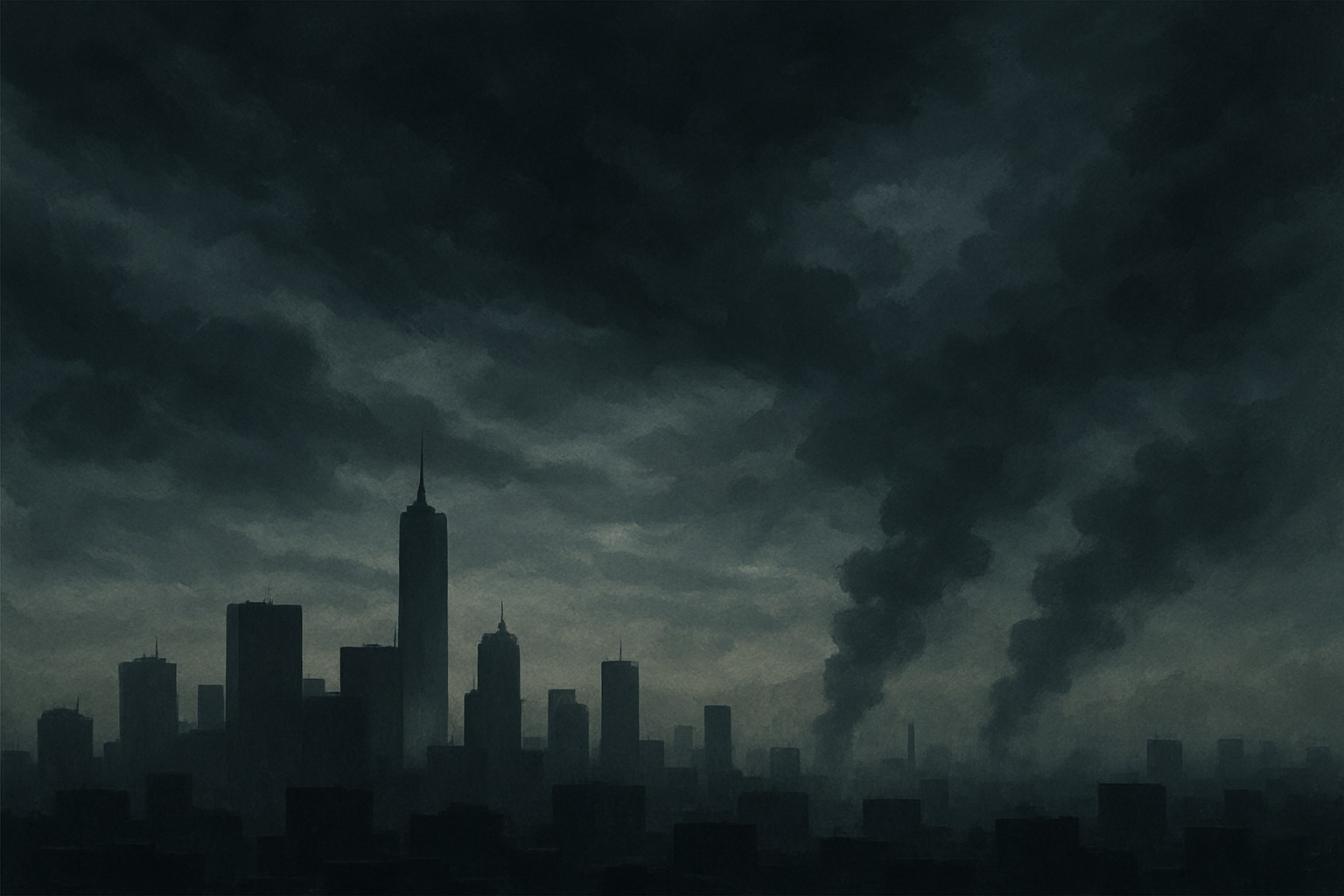 A darkened city skyline under a dramatic stormy sky with distant smoke