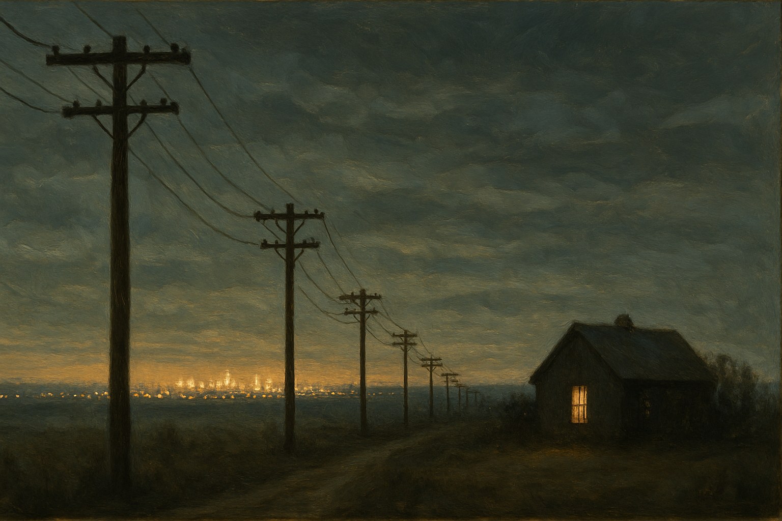 A line of utility poles carrying wires from a lit city horizon out across dark open country