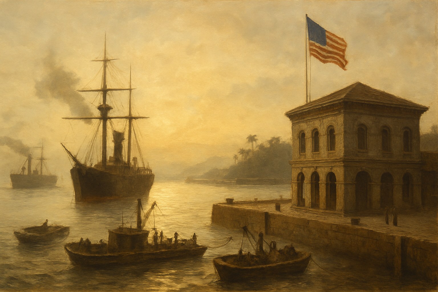 A weathered Pacific harbor at dawn with anchored steamships and distant palm-covered headlands