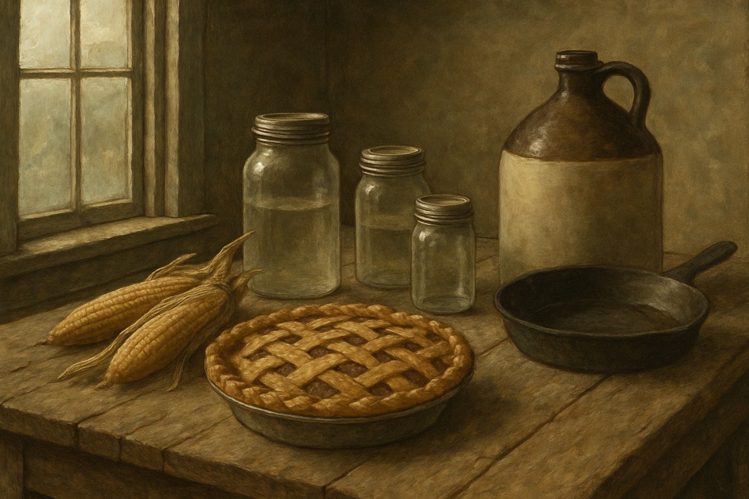 A long farmhouse table laid with a cooling pie, corn, canning jars, and a cast-iron skillet