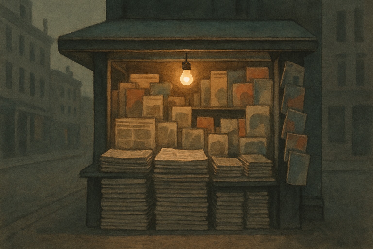 A vintage city newsstand at dusk stacked with newspapers and magazines