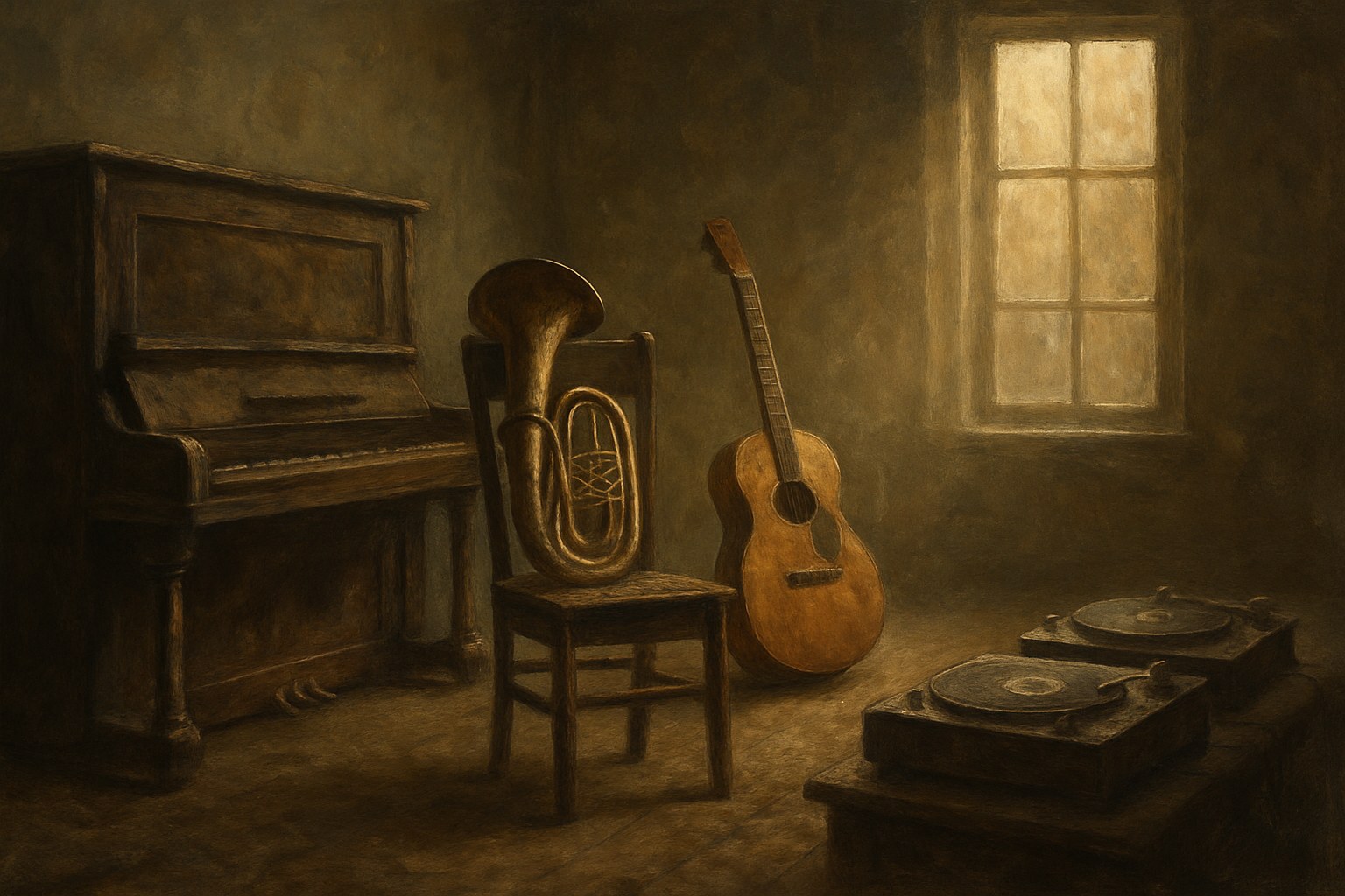 A worn upright piano, a brass horn and a guitar in an empty hall at dusk