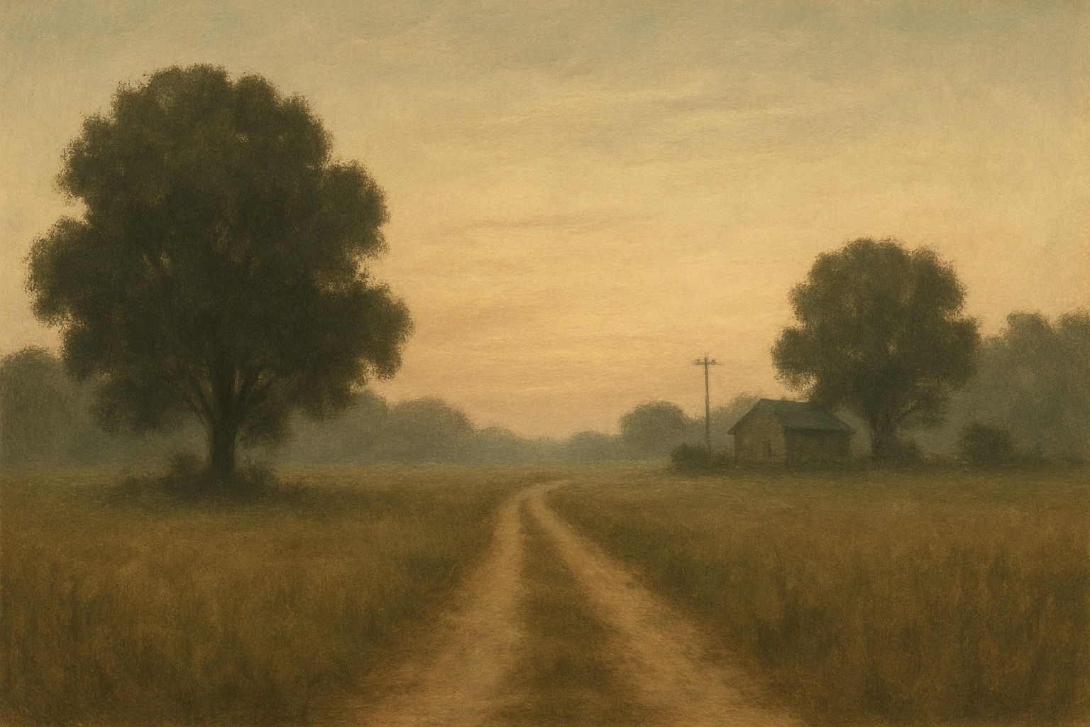 A quiet rural landscape at dawn with a path leading toward a brightening horizon