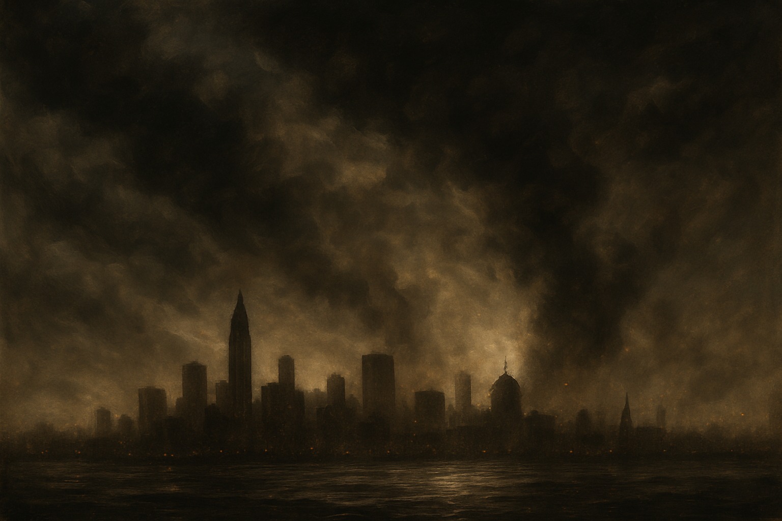 A dramatic, atmospheric scene of storm clouds and floodwater over an American city skyline