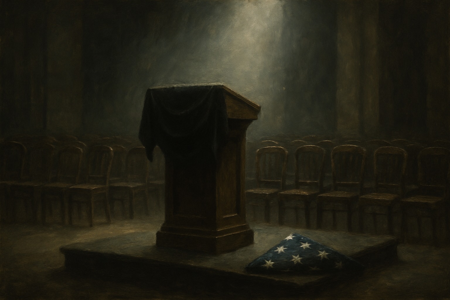 A solemn, dimly lit memorial scene with an empty podium and draped flag
