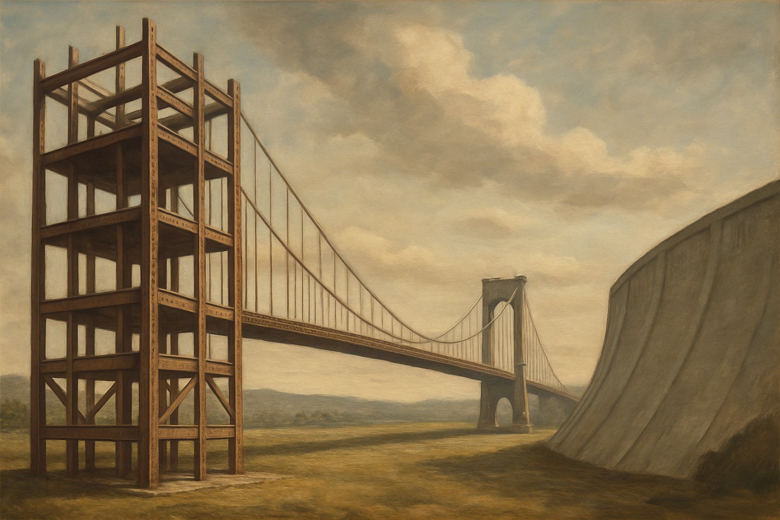 A steel building frame, a suspension bridge cable, and a concrete dam wall against a wide muted sky