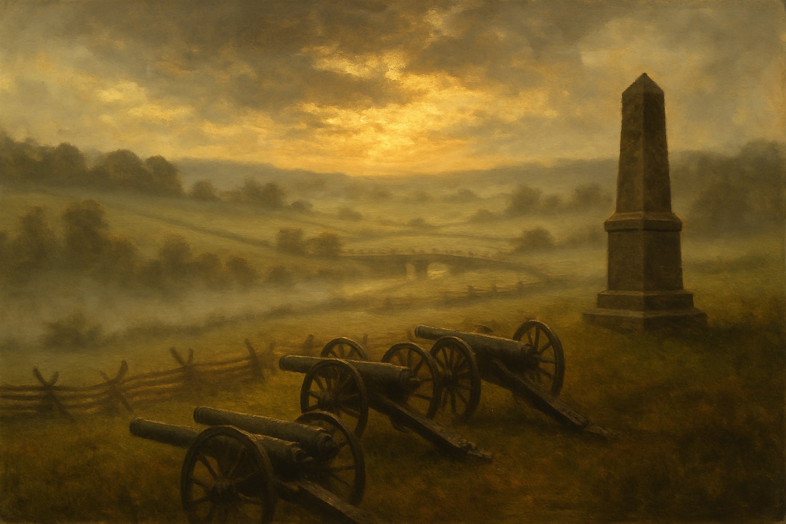 Oil painting of a quiet Civil War battlefield at dawn with split-rail fences, cannon, and a stone monument in morning mist