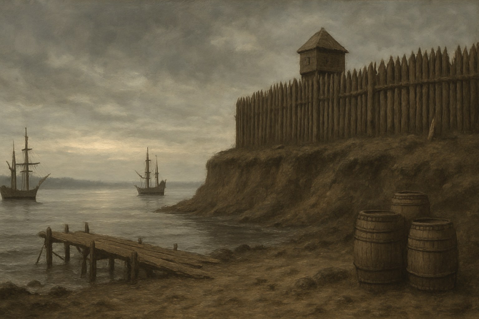 A weathered timber palisade above a wide grey estuary with small sailing ships at anchor under an overcast sky