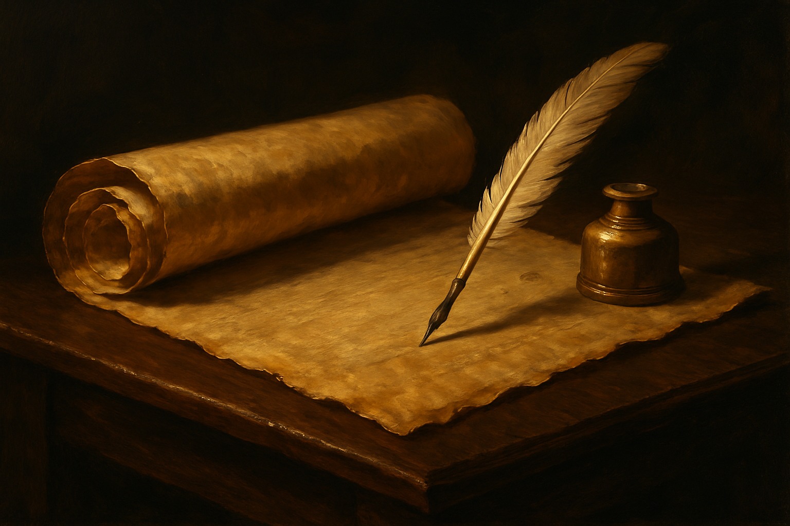 A weathered parchment of the U.S. Constitution with a quill pen resting on it in warm light