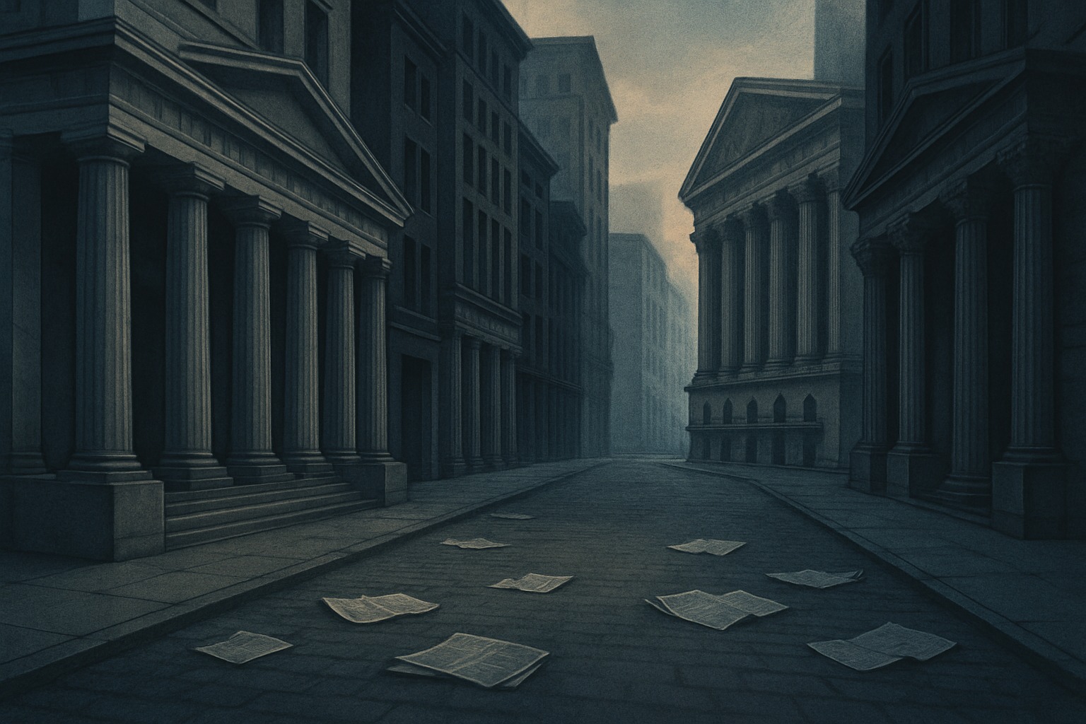 A deserted Wall Street financial district at dusk with classical bank facades