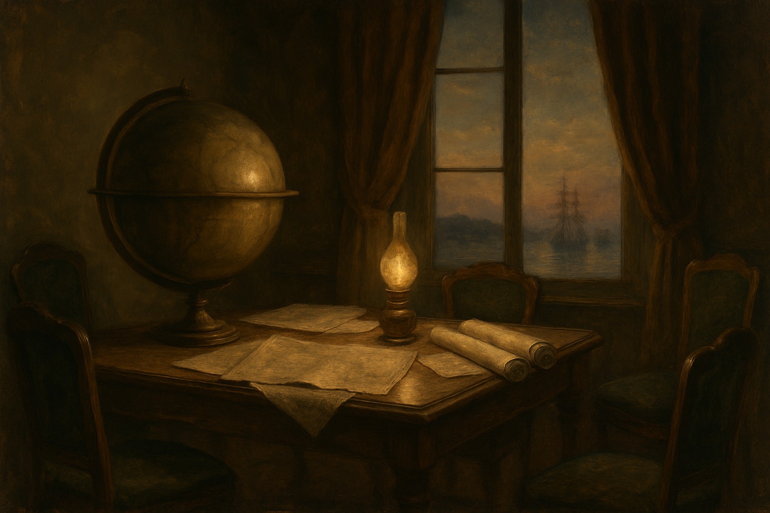 A nineteenth-century diplomatic chamber with a globe, folded maps, and treaty documents lit by a tall window