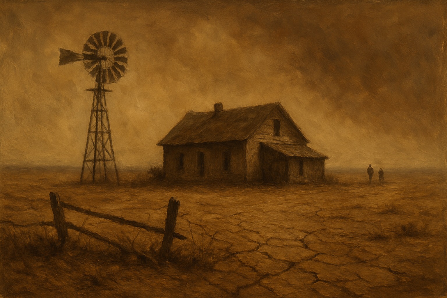 A 1930s Dust Bowl farm scene under a vast dusty sky, weathered and still