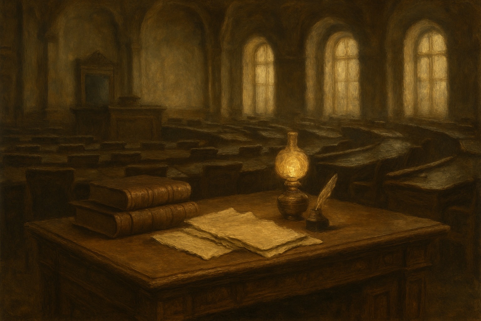 A legislative chamber desk with bound statute books, folded parchment documents, an inkwell and quill in warm lamplight