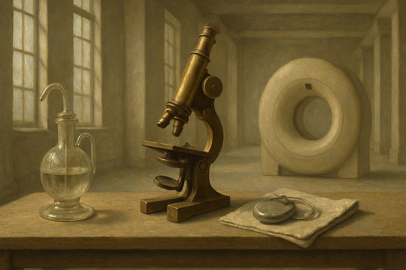 A long laboratory bench in an empty sunlit hall holding instruments from two centuries of medicine