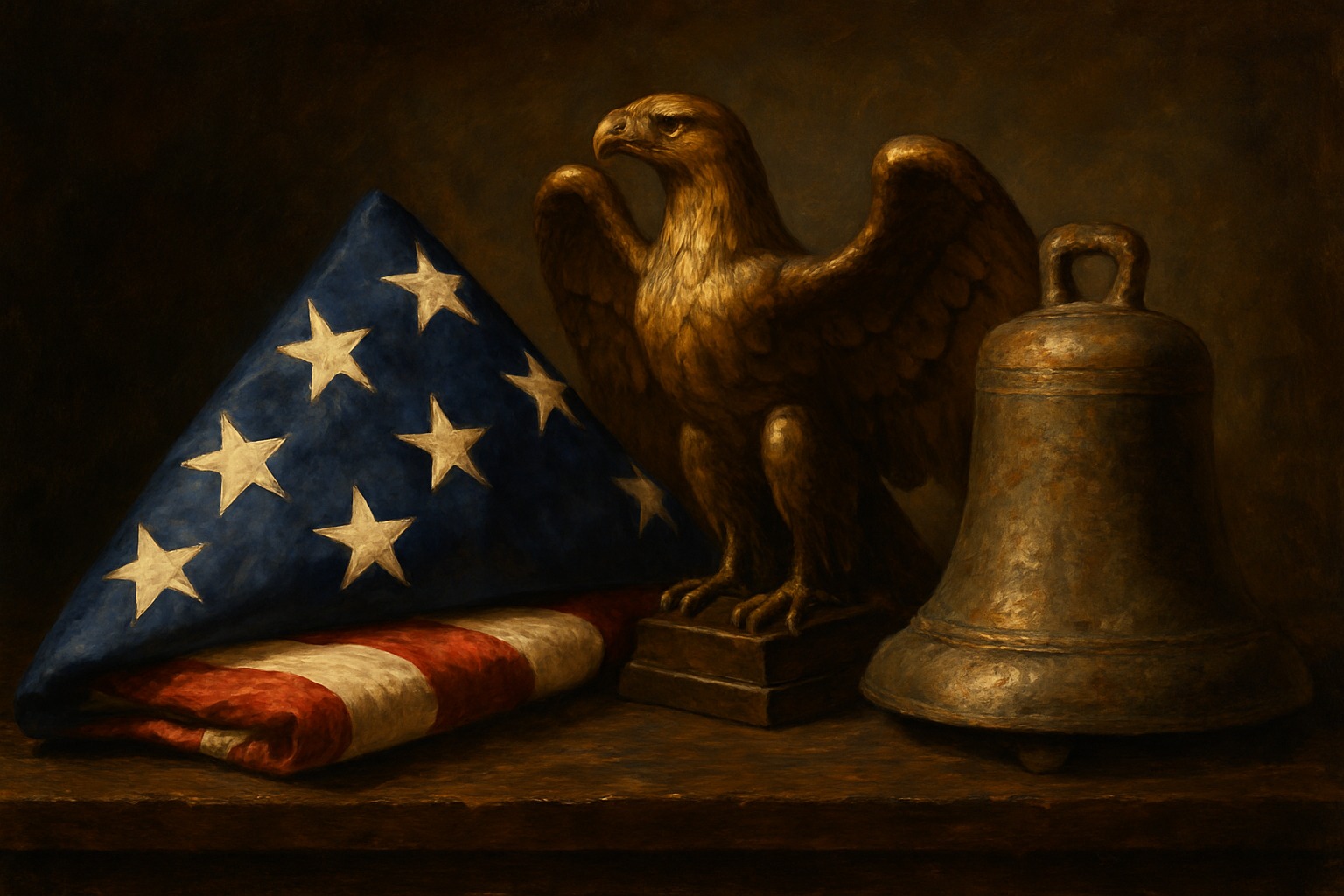 A folded American flag, a bronze eagle, and a weathered bell arranged on a dark surface in warm light