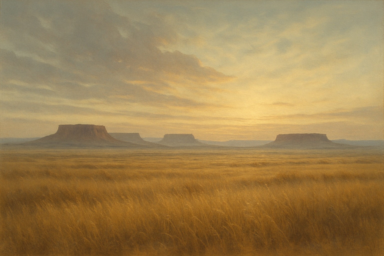 A vast Great Plains landscape at dawn with distant mesas under a wide sky