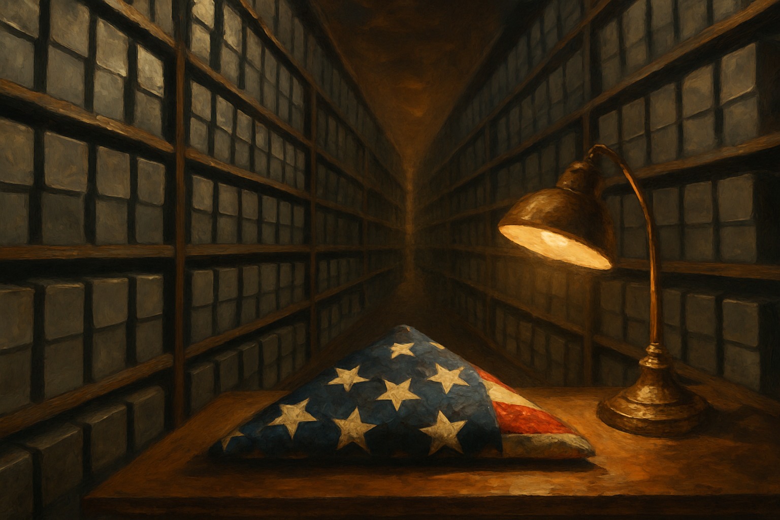 Rows of gray archival document boxes on metal shelves receding into warm light, with an American flag