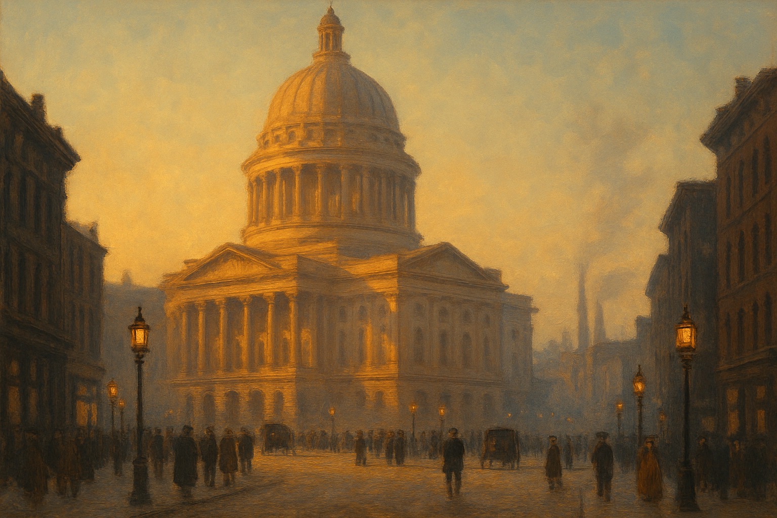 A soft-lit early twentieth-century American city street with a domed government building in the distance