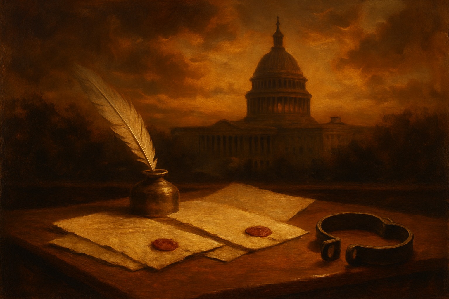 Oil painting of the U.S. Capitol at dusk with parchment documents, an inkwell, and chains broken open on a desk