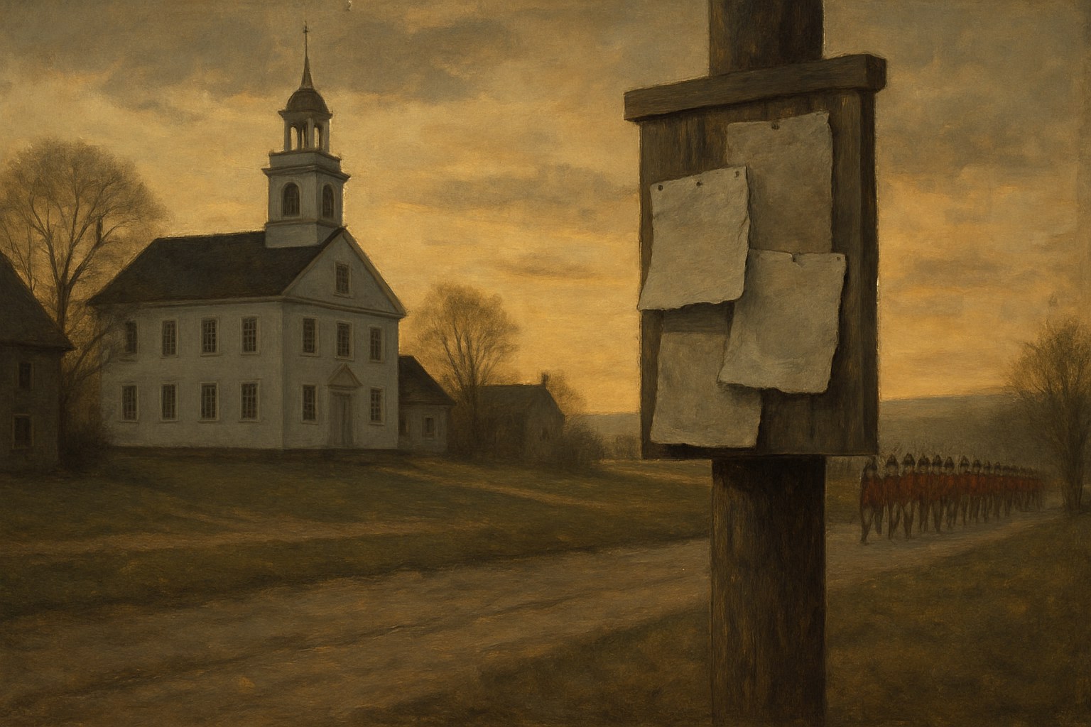A colonial New England town common at dusk with a white meeting house and a distant column of soldiers on the road beyond