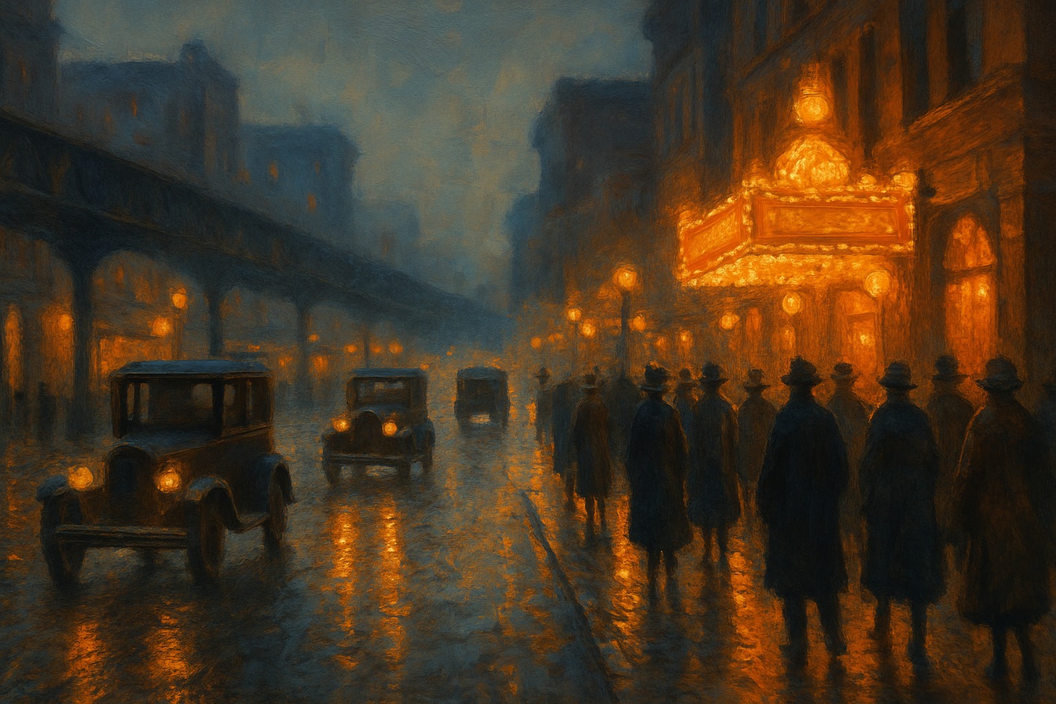 A 1920s American city street at dusk with early automobiles, electric signs, and a crowded sidewalk