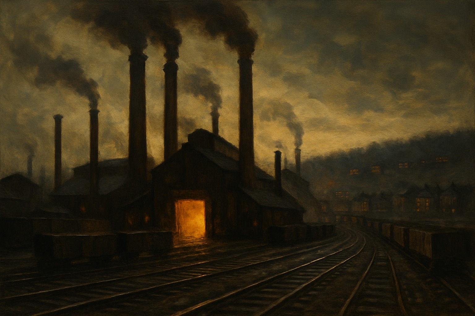 A nineteenth-century American steel mill and rail yard at dusk, smokestacks and freight cars under a smoky sky