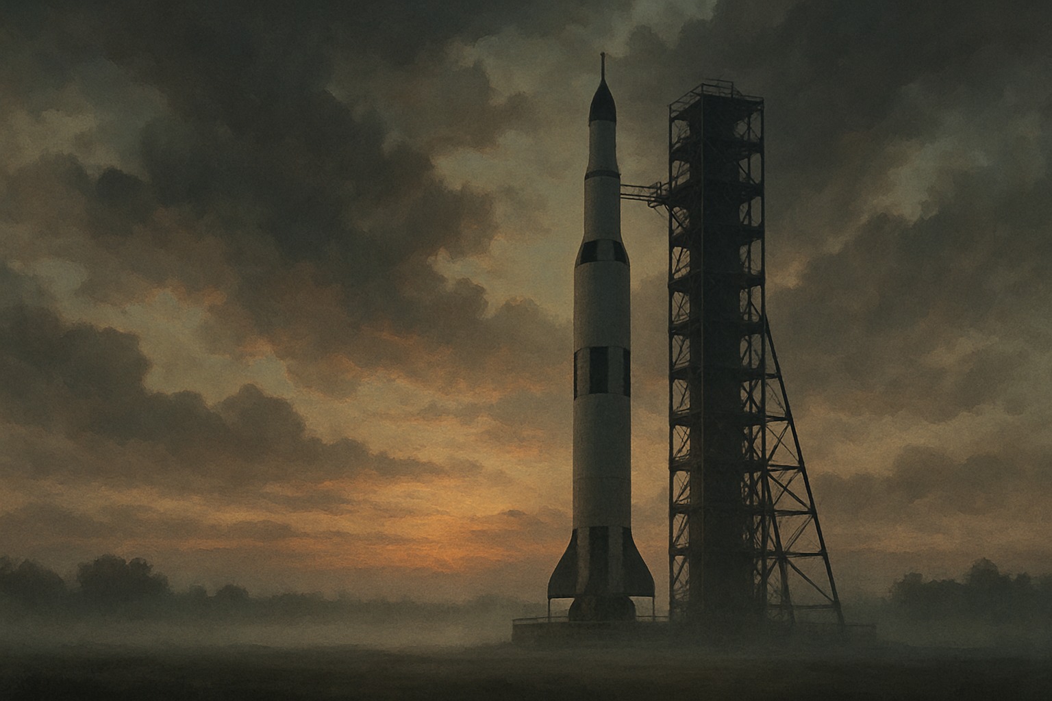 A tall rocket on a launch pad at dawn against a dramatic sky
