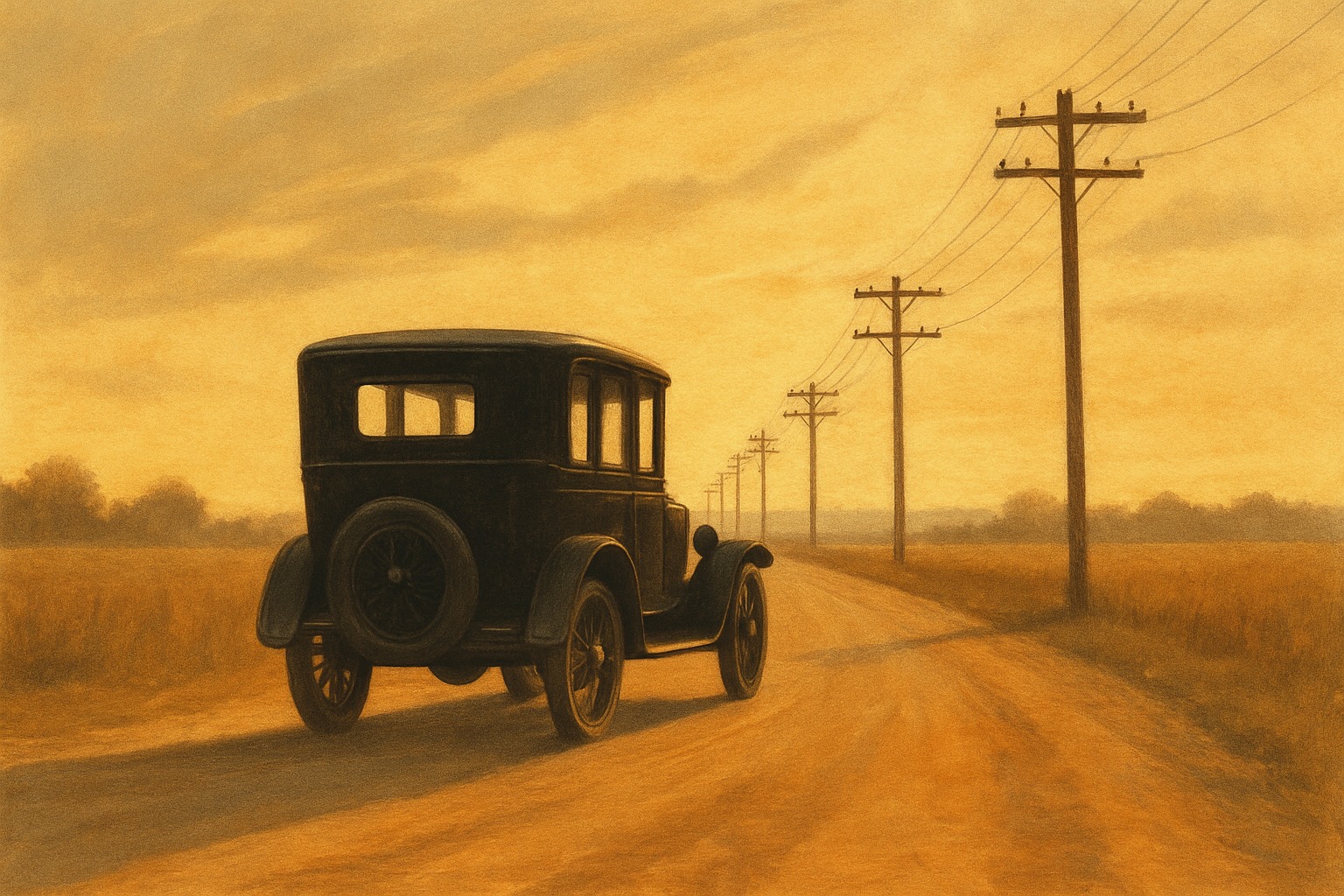 A vintage automobile on an open country road at golden hour