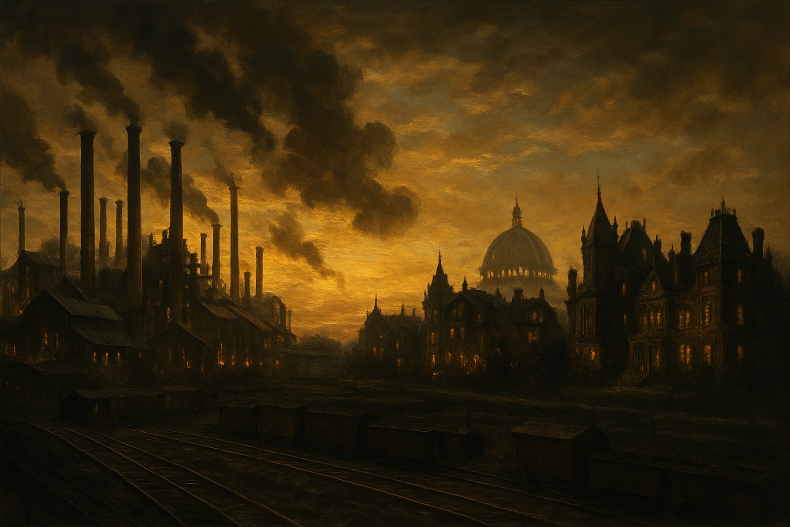 A Gilded Age industrial cityscape of smokestacks, rail yards, and grand mansions at dusk