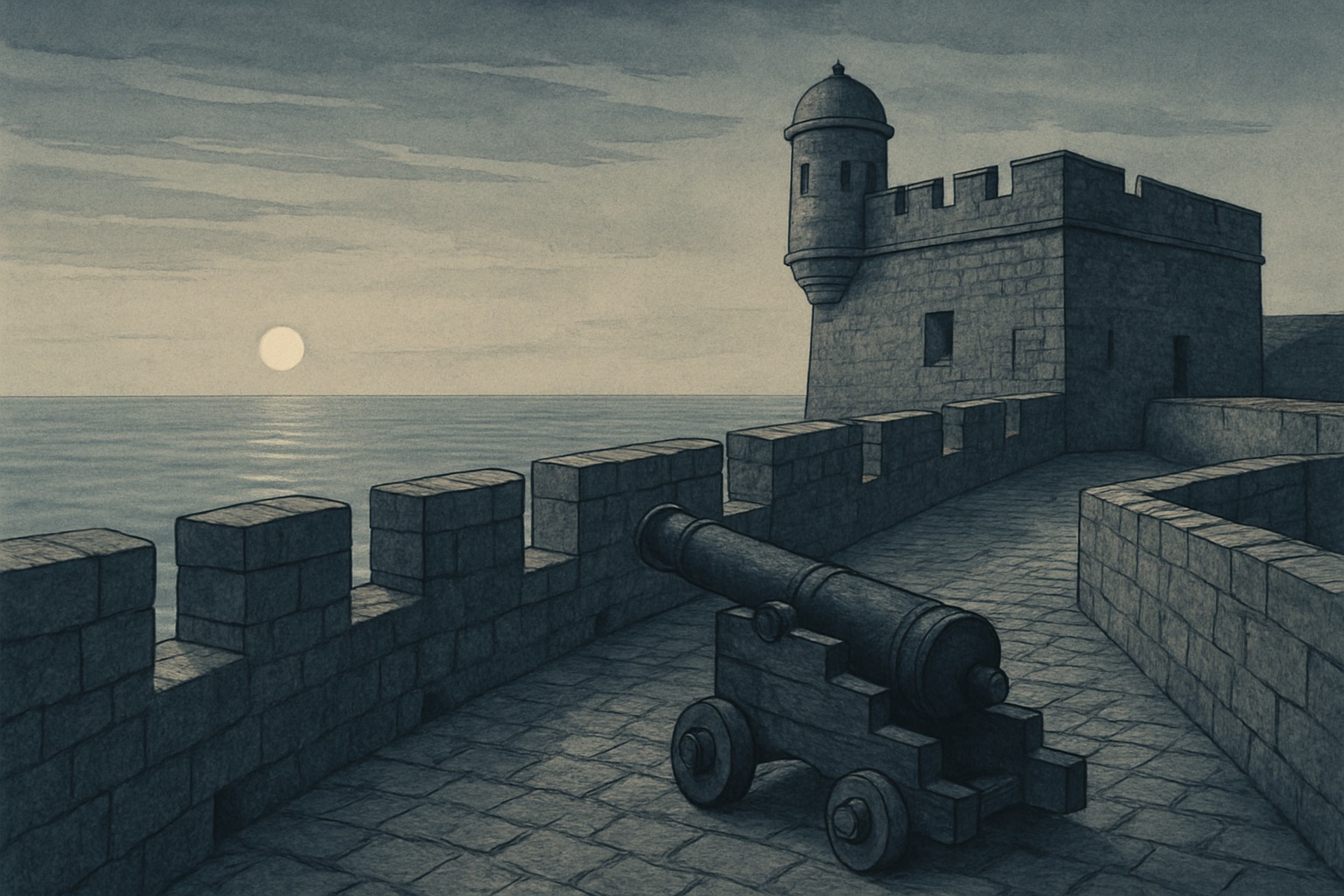 A historic stone coastal fortress at dawn with ramparts facing a calm sea
