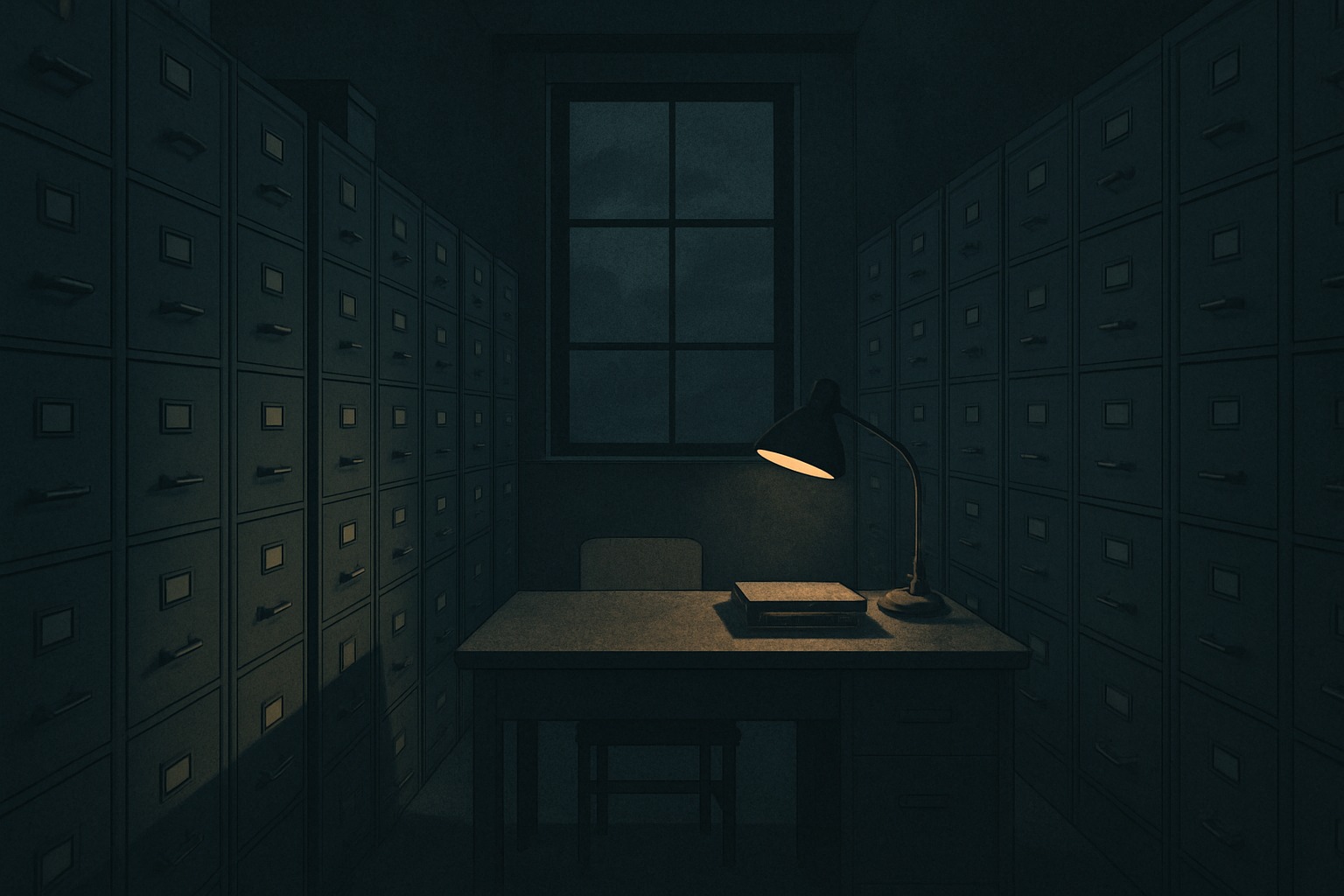 A dim mid-century records room with rows of filing cabinets and a single desk lamp