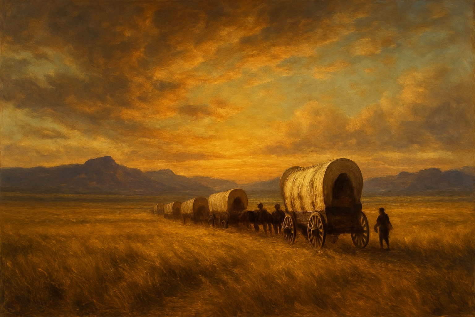A 19th-century wagon trail crossing the western plains toward distant mountains at dusk
