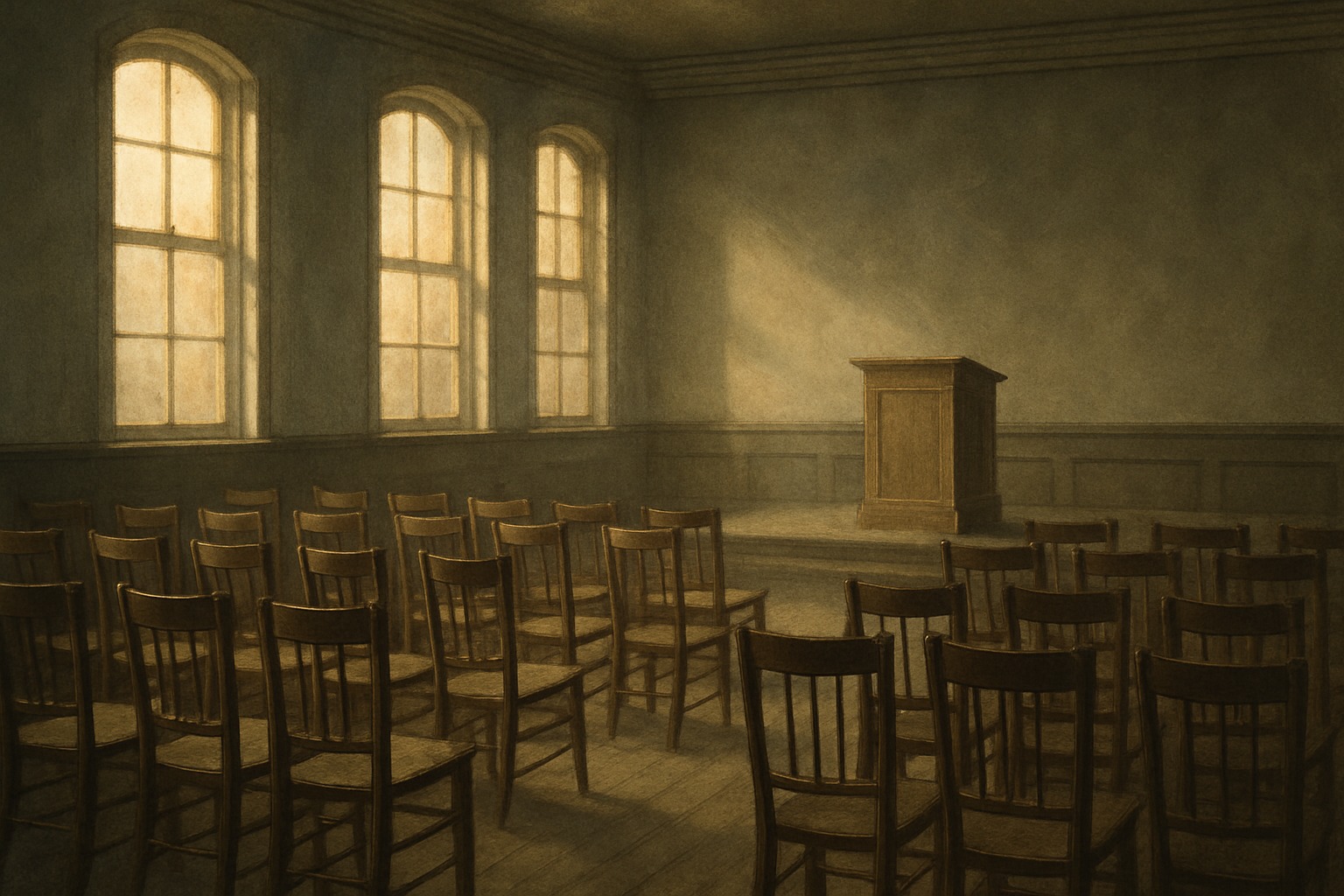 An empty 19th-century meeting hall with rows of chairs and a podium at dawn