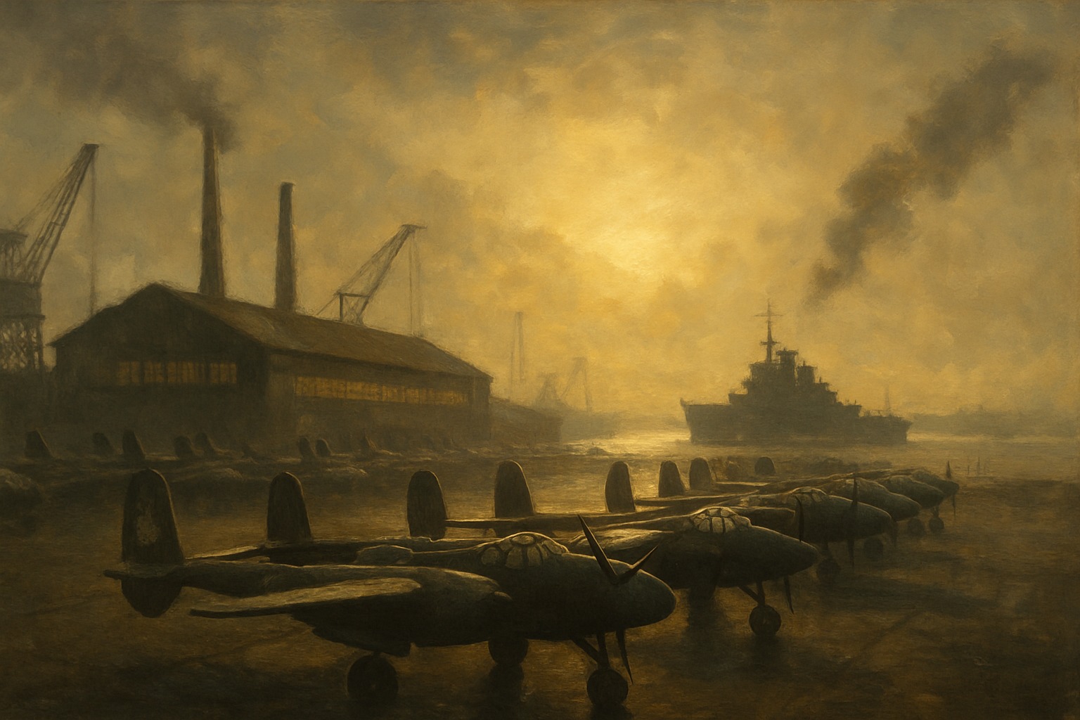 A World War II-era factory and harbor at dawn, ships and aircraft silhouetted against a vast sky