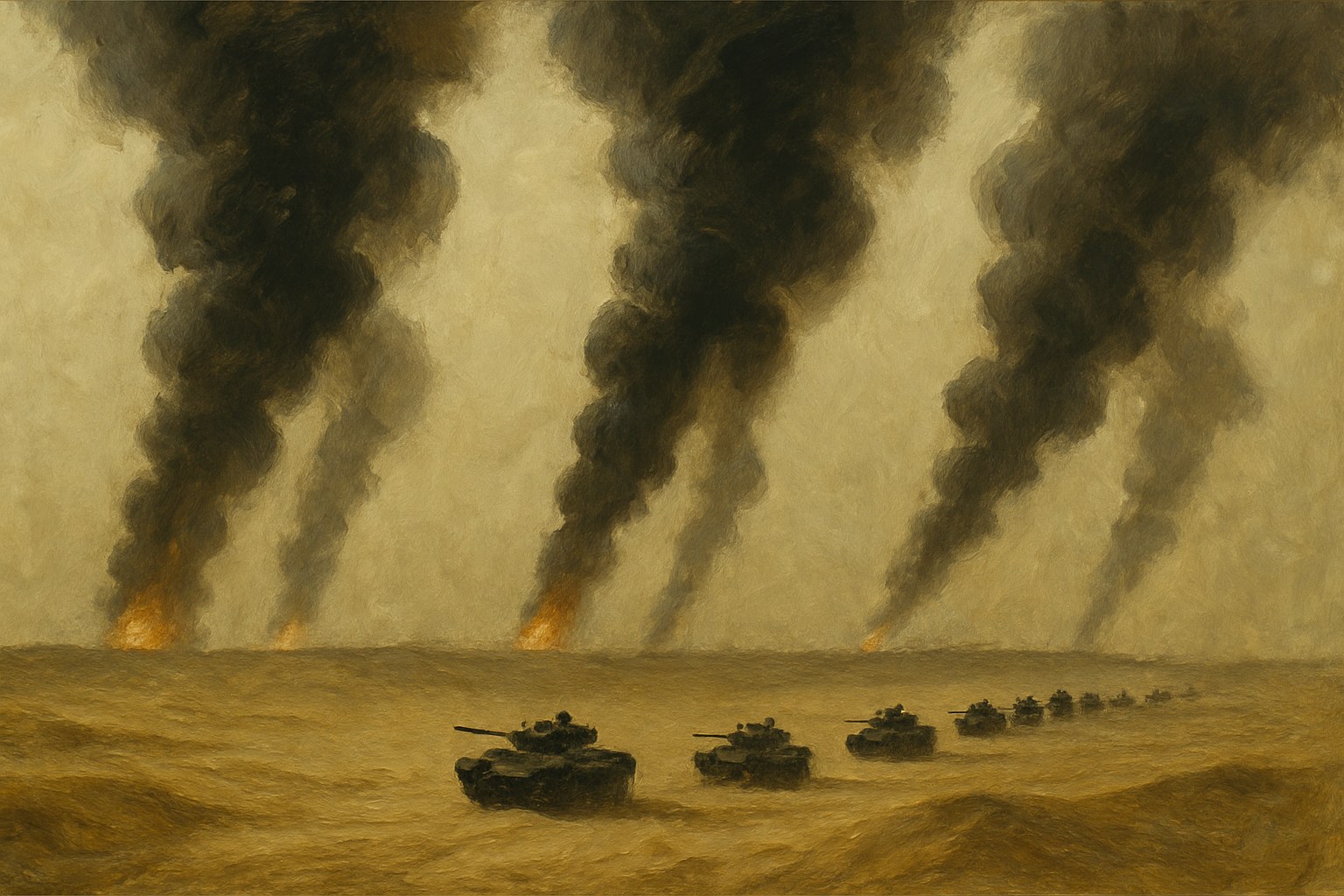 Armored vehicles on a desert horizon beneath columns of oil-fire smoke, the Gulf War