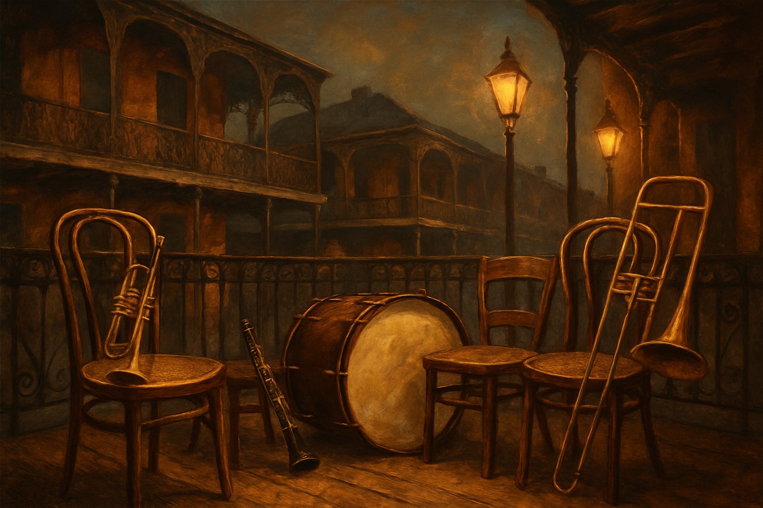 An empty New Orleans bandstand with brass instruments at night
