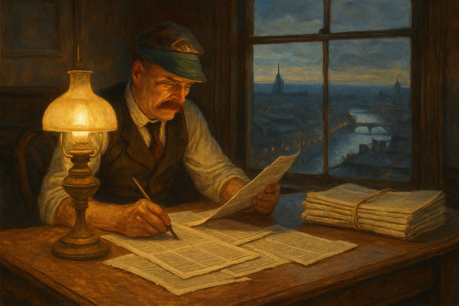 A gaslit newspaper editor's office above the city rooftops, evoking Joseph Pulitzer