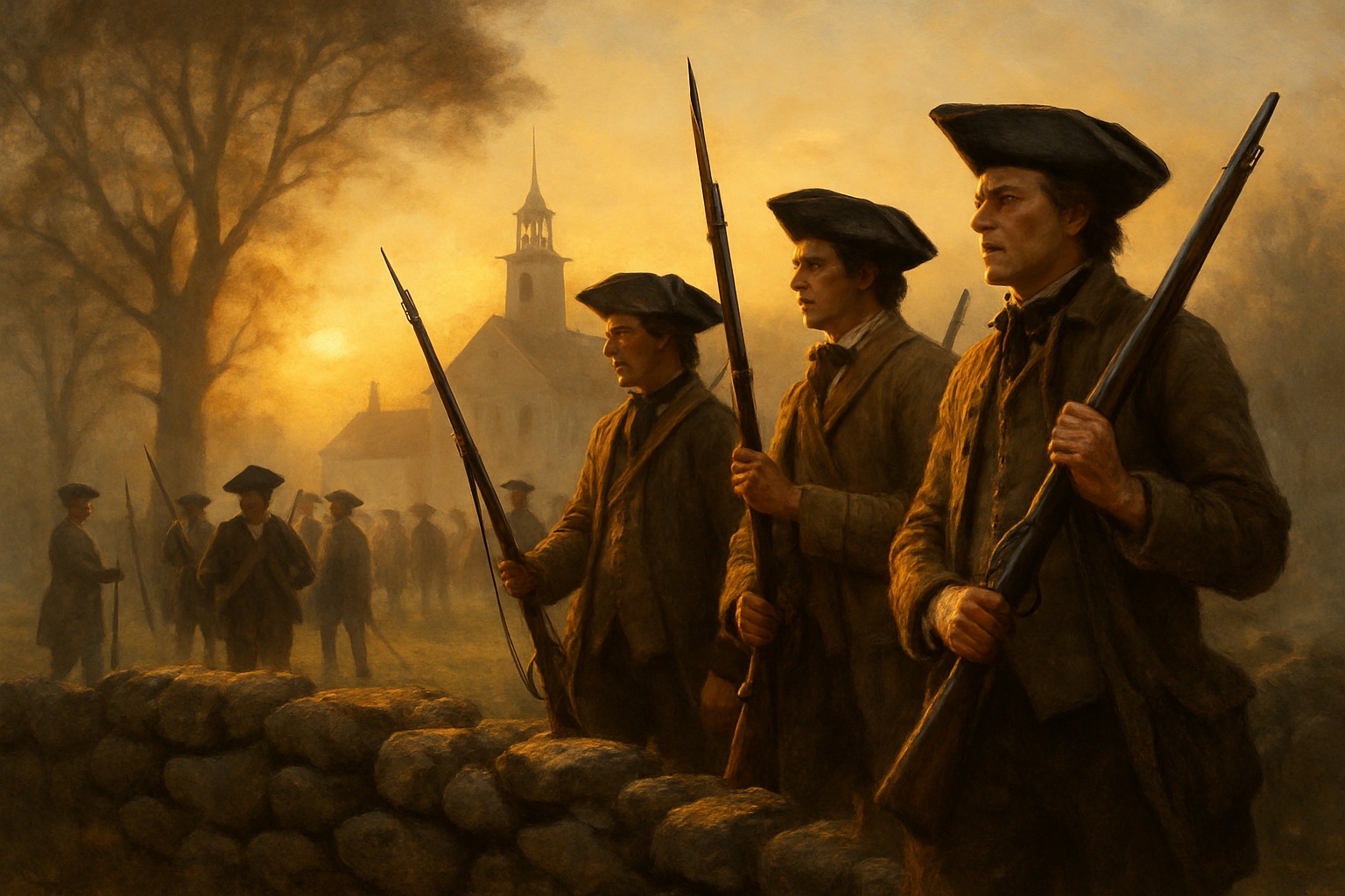 Illustration of colonial minutemen mustering with muskets in the early Revolution