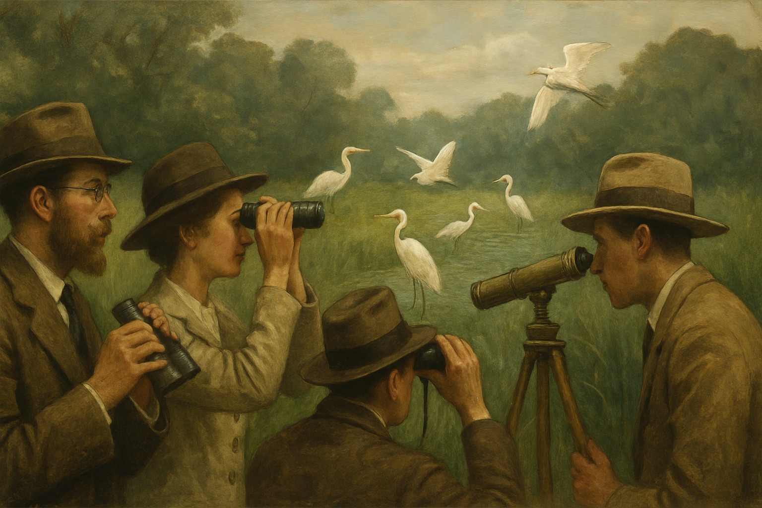 Early conservationists watching birds in a wetland, the National Audubon Society
